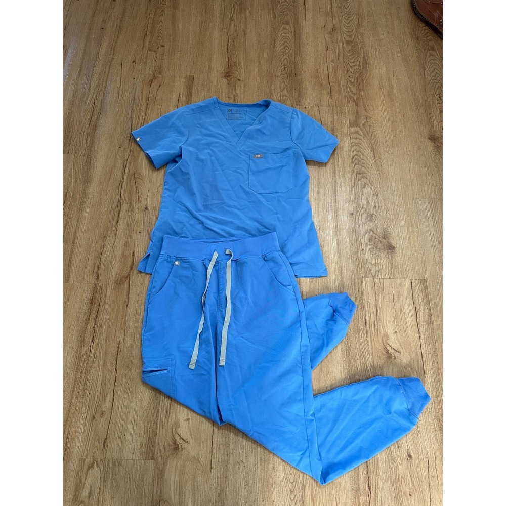 FIGS Technical Collection Women's Scrub Set Small Blue V Neck Top Jogger Pants